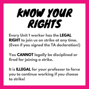 Know your rights. Every Unit 1 worker has the LEGAL RIGHT to join us on strike at any time. (Even if you signed the TA declaration!) You CANNOT legally be disciplined or fired for joining a strike. It is ILLEGAL for your professor to force you to continue working if you choose to strike!